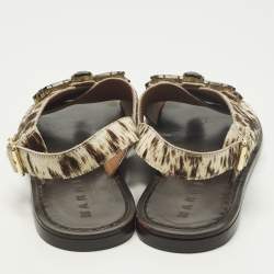 Pre Owned Marni Size 40 Beige/Brown Calf Hair Crystal Embellished Flat Sandals