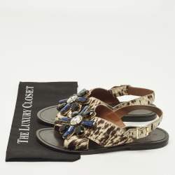 Pre Owned Marni Size 40 Beige/Brown Calf Hair Crystal Embellished Flat Sandals