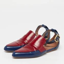 Pre Owned Marni Sabot Size 38.5 Navy Blue/Burgundy Leather Ankle Strap Flats