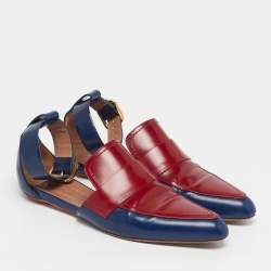 Pre Owned Marni Sabot Size 38.5 Navy Blue/Burgundy Leather Ankle Strap Flats