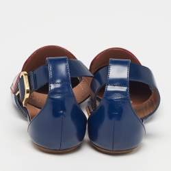 Pre Owned Marni Sabot Size 38.5 Navy Blue/Burgundy Leather Ankle Strap Flats