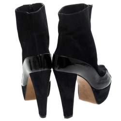 Marni Black Suede And Patent Leather Peep Toe Boots Size 37.5