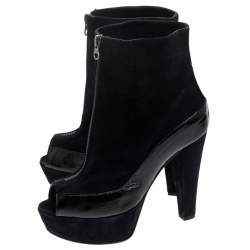 Marni Black Suede And Patent Leather Peep Toe Boots Size 37.5