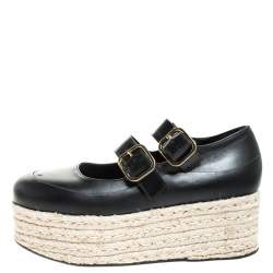 Marni Black Leather Buckle Detail Platform Espadrilles Flats Size 38