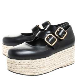 Marni Black Leather Buckle Detail Platform Espadrilles Flats Size 38