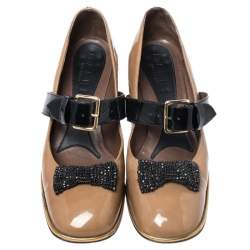 Pre Owned Marni Brown Patent Leather Embellished Bow Mary Jane Buckle Strap Pumps Size 38