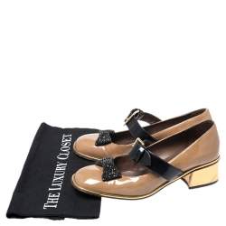 Pre Owned Marni Brown Patent Leather Embellished Bow Mary Jane Buckle Strap Pumps Size 38
