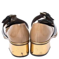 Pre Owned Marni Brown Patent Leather Embellished Bow Mary Jane Buckle Strap Pumps Size 38