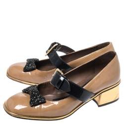 Pre Owned Marni Brown Patent Leather Embellished Bow Mary Jane Buckle Strap Pumps Size 38