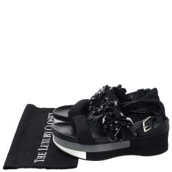 Pre Owned Marni Black Mesh And Patent Leather Embellished Slingback Platform Flat Sandals Size 37