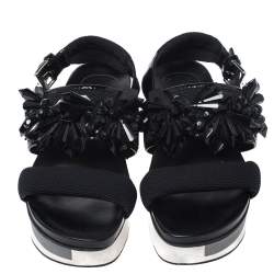 Pre Owned Marni Black Mesh And Patent Leather Embellished Slingback Platform Flat Sandals Size 37