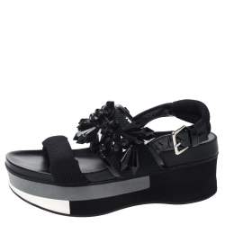 Pre Owned Marni Black Mesh And Patent Leather Embellished Slingback Platform Flat Sandals Size 37