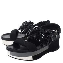 Pre Owned Marni Black Mesh And Patent Leather Embellished Slingback Platform Flat Sandals Size 37