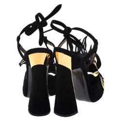Pre Owned Marni Black/Gold Leather and Suede Floral Sandals Size 39.5