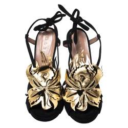 Pre Owned Marni Black/Gold Leather and Suede Floral Sandals Size 39.5