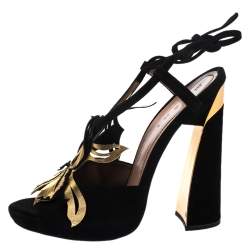 Pre Owned Marni Black/Gold Leather and Suede Floral Sandals Size 39.5
