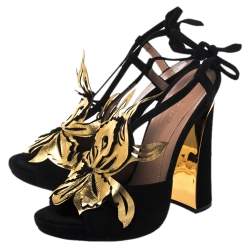 Pre Owned Marni Black/Gold Leather and Suede Floral Sandals Size 39.5