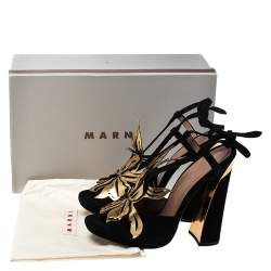 Pre Owned Marni Black/Gold Leather and Suede Floral Sandals Size 39.5