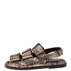 Marni Metallic Rose Gold Cracked Leather Triple Bow Flat Sandals Size 38.5