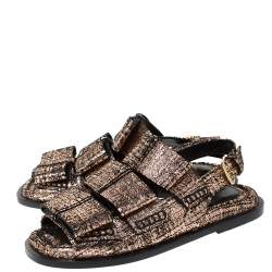 Marni Metallic Rose Gold Cracked Leather Triple Bow Flat Sandals Size 38.5