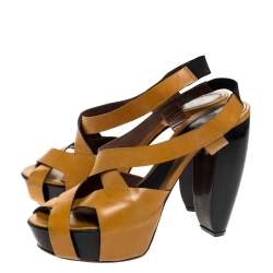 Marni Tan Leather Strappy Platform Block Heel Slingback Sandals Size 40
