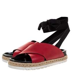 Pre Owned Marni Red Leather And Black Ribbon Ankle Wrap "Fussbett" Espadrille Flat Size 41