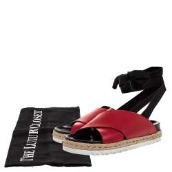 Pre Owned Marni Red Leather And Black Ribbon Ankle Wrap "Fussbett" Espadrille Flat Size 41