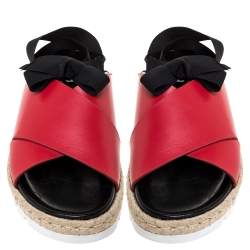Pre Owned Marni Red Leather And Black Ribbon Ankle Wrap "Fussbett" Espadrille Flat Size 41