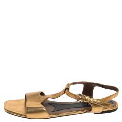 Pre Owned Marni Gold Leather Ankle Strap Flat Sandals Size 41