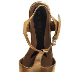Pre Owned Marni Gold Leather Ankle Strap Flat Sandals Size 41
