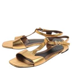 Pre Owned Marni Gold Leather Ankle Strap Flat Sandals Size 41