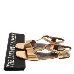 Pre Owned Marni Gold Leather Ankle Strap Flat Sandals Size 41