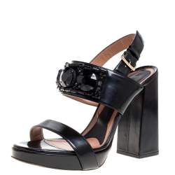 Marni Black Patent Leather Embellished Block Heel Platform Sandals Size 41