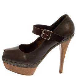 Marni Grey Leather Mary Jane Peep Toe Platform Pumps Size 39
