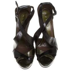 Marni Olive Green Patent Leather Peep Toe Ankle Strap Wedge Sandals Size 39