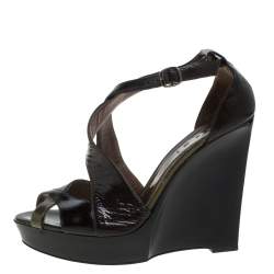 Marni Olive Green Patent Leather Peep Toe Ankle Strap Wedge Sandals Size 39