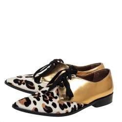 Pre Owned Marni Gold Leather And Calf Hair Lace-Up Oxford Size 37