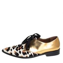 Pre Owned Marni Gold Leather And Calf Hair Lace-Up Oxford Size 37