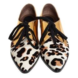 Pre Owned Marni Gold Leather And Calf Hair Lace-Up Oxford Size 37