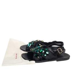 Pre Owned Marni Black Leather Embellished Flat Sandals Size 39.5