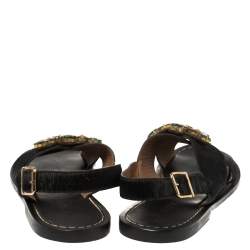 Marni Black Calf Hair Embellished Flat Slingback Sandals Size 39.5