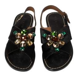 Marni Black Calf Hair Embellished Flat Slingback Sandals Size 39.5