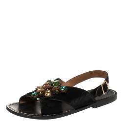 Marni Black Calf Hair Embellished Flat Slingback Sandals Size 39.5