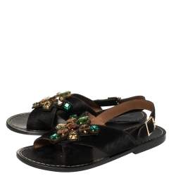 Marni Black Calf Hair Embellished Flat Slingback Sandals Size 39.5