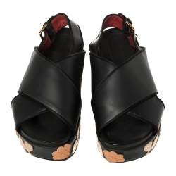 Marni Black Leather Cross Strap Floral Platform Sandals Size 39