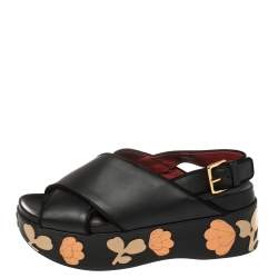 Marni Black Leather Cross Strap Floral Platform Sandals Size 39