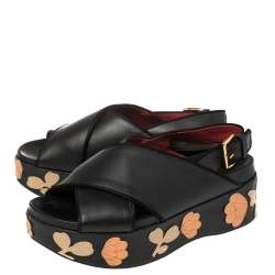 Marni Black Leather Cross Strap Floral Platform Sandals Size 39