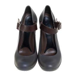 Pre Owned Marni Grey Rubber And Brown Leather Mary Jane Pumps Size 37