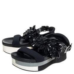 Pre Owned Marni Black Mesh And Patent Leather Embellished Platform Slingback Sandals Size 38
