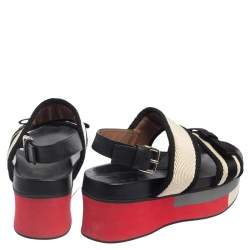 Marni Black/White Canvas And Leather Bow Embellished Slingback Platform Sandals Size 38